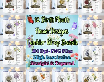 12 Birth Month Flowers Tumbler Wrap Bundle, Birth Month Flower PNG, 20oz skinny tumbler wrap, Tumbler wrap for sublimation, PNG File, Floral