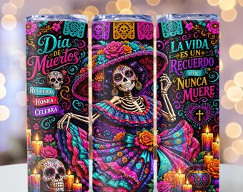 Dia de Muertos Tumbler Wrap, Day of the Dead Celebration PNG, Dancing La Catrina png, 20oz Skinny Tumbler Sublimation Design, PNG File