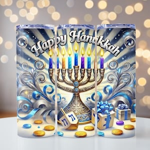 Happy Hanukkah Tumbler Wrap, Hanukkah Celebration PNG, Menorah PNG, 20oz skinny tumbler wrap, Tumbler wrap for sublimation, PNG File,