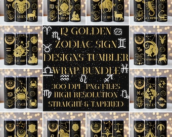 12 Golden Zodiac Signs Tumbler Wrap Bundle, Zodiac PNG, Zodiac Sublimation, 20oz skinny tumbler wrap, Tumbler wrap for sublimation, PNG File