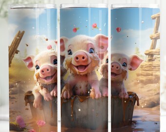 Cute 3D Baby Pigs Playing in the Mud on a Farm, 20oz skinny tumbler wrap, Cute Pigs PNG, Tumbler wrap for sublimation, PNG File, 300 Dpi