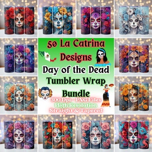 Paquete de 50 envoltorios para vasos de La Catrina, Día de los Muertos PNG, Día de Muertos PNG, envoltorio para vasos delgados de 20 oz, envoltorio para vasos para sublimación, archivo PNG
