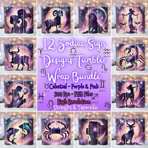 12 Zodiac Sign Designs Tumbler Wrap Bundle, Shadow Purple Zodiac Signs, 20oz skinny tumbler wrap, Tumbler wrap for sublimation, PNG File