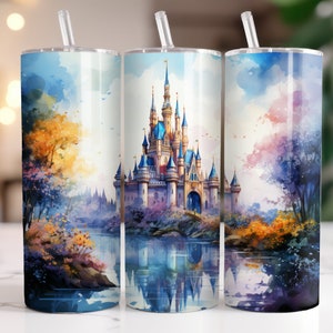 Castillo de cuento de hadas de acuarela en el agua, envoltura de vaso delgado de 20 oz, castillo caprichoso colorido, envoltura de vaso para sublimación, archivo PNG