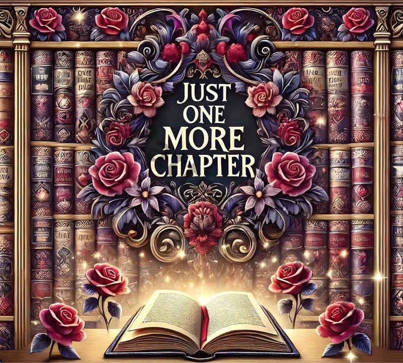 May include: A vintage-style book with the text "Just One More Chapter" surrounded by ornate floral details and a stack of old books. The book is open to a blank page, suggesting a new beginning.