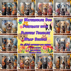 42 Watercolor Dog Portraits with Flowers, Dog Sublimation, 20oz skinny tumbler wrap, Tumbler wrap bundle, Dog Portraits, PNG files, Dog PNG