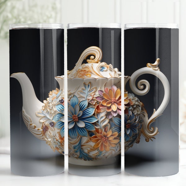 3D Porcelain Teapot with Intricate Beautiful Flowers, 20oz skinny tumbler wrap, Tea Pot Sublimation, Tumbler wrap for sublimation, PNG File