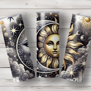 Puede incluir: Un vaso de acero inoxidable con un dise&ntilde;o negro y dorado que presenta un sol y una luna con estrellas y nubes.
