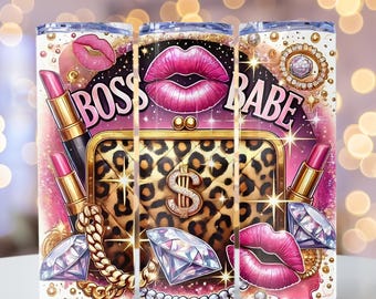 Boss Babe Tumbler Wrap, Leopard Print Makeup Bag & Jewelry PNG, Boss Glam, 20oz skinny tumbler wrap, Tumbler wrap for sublimation, PNG File