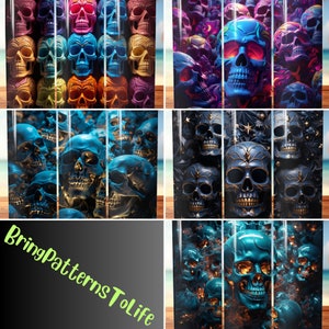 May include: A collage of six images featuring different patterns of blue and gold skull designs. The skulls are arranged in a chaotic and overlapping pattern, creating a sense of depth and texture. The images are all set against a dark background.