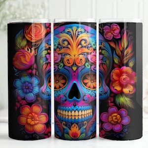 Neon Day of the Dead Skull & Flowers, 20oz skinny tumbler wrap, Sugar Skull Sublimation, Tumbler wrap for sublimation, PNG Files, Skull PNG
