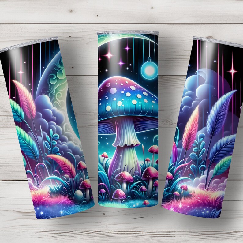 May include: Three stainless steel tumblers with a psychedelic design featuring a large mushroom with blue and purple accents, surrounded by smaller mushrooms and glowing plants against a dark background with stars and a crescent moon.