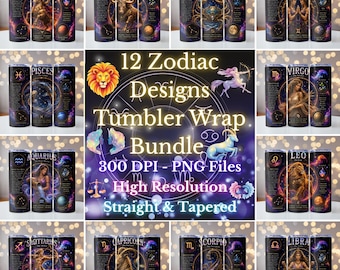 12 Zodiac Designs Tumbler Wrap Bundle, Zodiac Signs PNG, Astrology png 20oz skinny tumbler wrap, Tumbler wrap for sublimation, PNG File