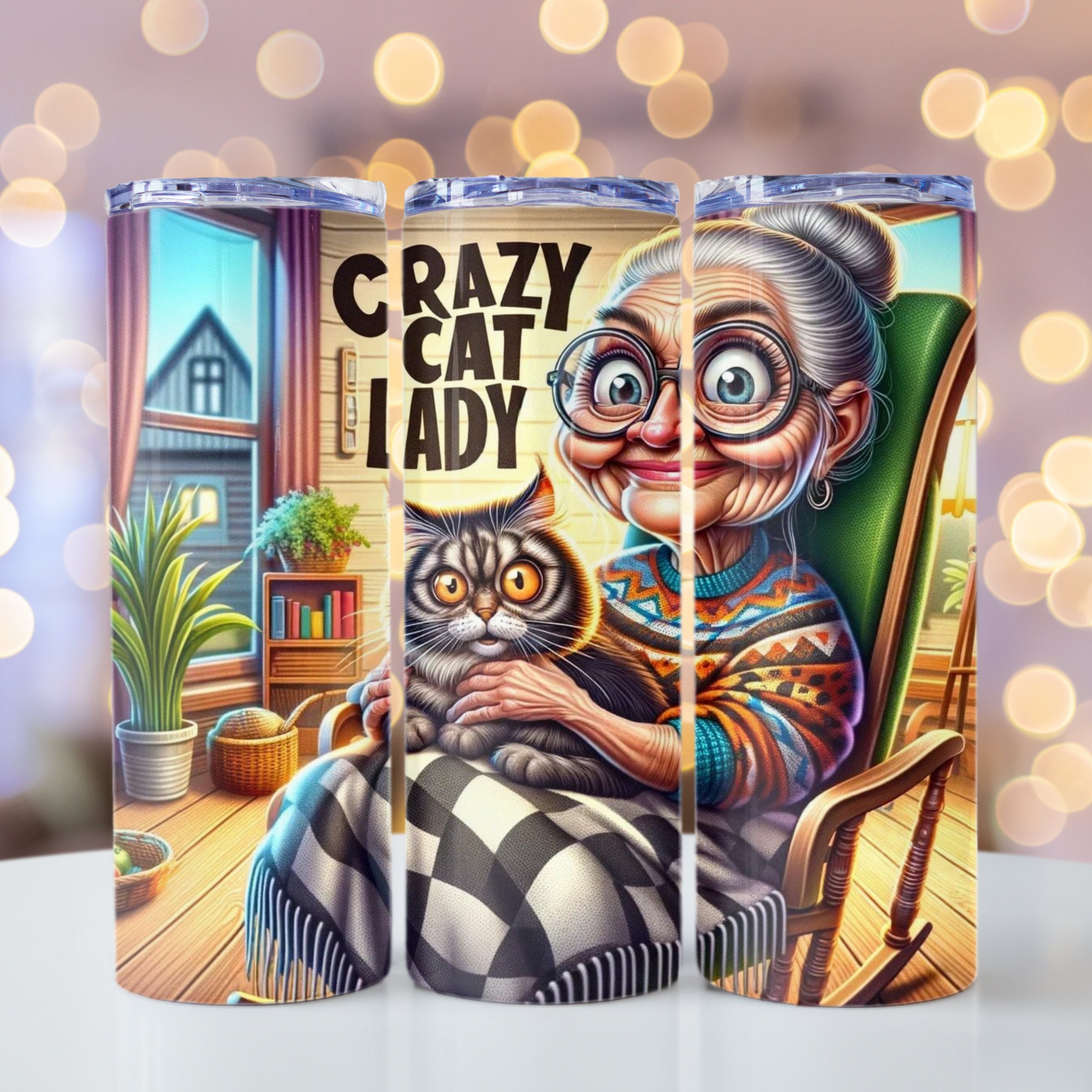 Crazy Cat Lady PNG, Cartoon Old Lady and Funny Cat, 20oz Skinny