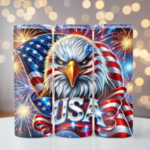 May include: A set of three stainless steel tumblers with a patriotic design. The tumblers feature a bald eagle with an American flag draped over it, fireworks, and the word "USA".