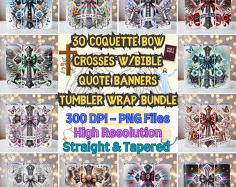30 Coquette Bow Crosses Tumbler Wrap Bundle, Crosses Bible Quotes PNG, 20oz skinny tumbler wrap, Tumbler wrap for sublimation, PNG File