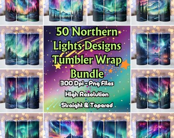 Paquete de 50 envoltorios para vasos con diseños de auroras boreales, envoltorio delgado para vasos de 20 oz, Aurora Borealis PNG, envoltorio para vasos para sublimación, archivo PNG