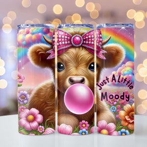 Colorful Flowers & Rainbow Highland Cow PNG, Highland Cow Flowers PNG, 20oz skinny tumbler wrap, Tumbler wrap for sublimation, PNG File,