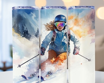 Female Skier Tumbler Wrap, Watercolor Skier png, Alpine Downhill Skier png, 20oz skinny tumbler wrap, Tumbler wrap for sublimation, PNG File