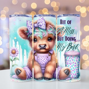 Baby Highland Cow in Overalls, Highland Cow Drink PNG, Funny Phrase PNG, 20oz skinny tumbler wrap, Tumbler wrap for sublimation, PNG File