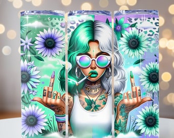 Badass Girl PNG, Tattooed Girl PNG, Middle Fingers Badass, Girl Girasoles, envoltura de vaso delgado de 20 oz, envoltura de vaso para sublimación, archivo PNG
