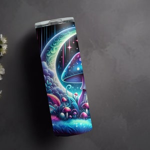 May include: A stainless steel tumbler with a colorful psychedelic design featuring a large mushroom under a crescent moon with stars. The background is black with a blue and green gradient.