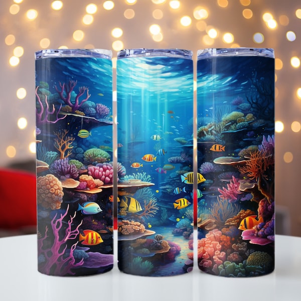 Tropical Coral Reef with Fish, Colorful Coral Reef with Rays of Light, 20oz skinny tumbler wrap, Tumbler wrap for sublimation, PNG File