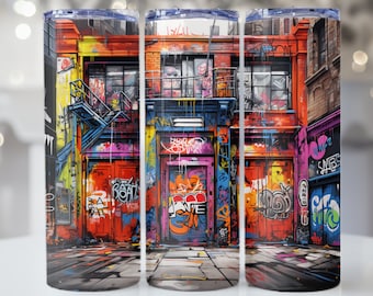 Graffitied Buildings png, Urban Art png, Colorful Graffiti, 20oz skinny tumbler wrap, Graffiti png, Tumbler wrap for sublimation, PNG File