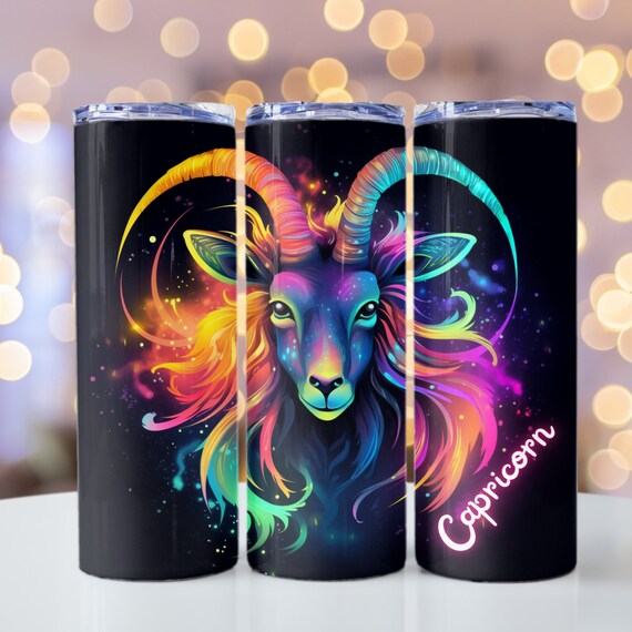 Zodiac Sign Capricorn, Rainbow Neon Capricorn, 20oz Skinny Tumbler