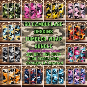50 Camouflage Designs Tumbler Wrap Bundle, Camo Tumbler Wraps, 20oz skinny tumbler wrap, Tumbler wrap for sublimation, PNG File, Camo PNG
