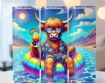 Highland Cow Tumbler Wrap, Vacationing Highland Cow PNG, 20oz skinny tumbler wrap, Tumbler wrap for sublimation, PNG File, Highland Cow PNG
