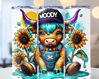 Moody Highland Cow PNG, Highland Cow Sunflowers, Cute Highland Cow Slime, 20oz skinny tumbler wrap, Tumbler wrap for sublimation, PNG File
