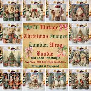 50 Vintage Christmas Images Tumbler Wrap Bundle, 20oz skinny tumbler wrap, Nostalgic Christmas PNG, Tumbler wrap for sublimation, PNG File