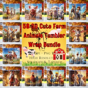 50 3D Cute Farm Animals Tumbler Wrap Bundle, 20oz skinny tumbler wrap, Tumbler wrap for sublimation, PNG File,Farm Animals, Animated Animals