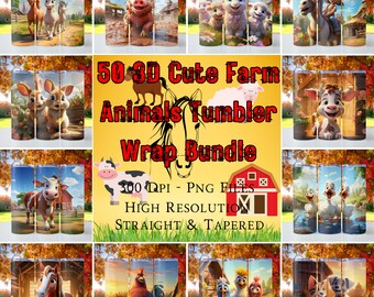 Lot de 50 emballages de gobelet 3D mignons animaux de la ferme, emballage de gobelet maigre 20 oz, emballage de gobelet pour sublimation, fichier PNG, animaux de la ferme, animaux d&#39;animation
