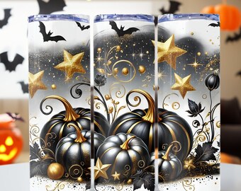 Black & Gold Pumpkin Patch Tumbler Wrap, Halloween Autumn Pumpkins png,  20oz skinny tumbler wrap, Tumbler wrap for sublimation, PNG File