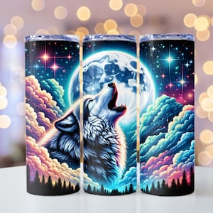 May include: A stainless steel tumbler with a colorful design of a wolf howling at the moon with clouds and stars in the background.