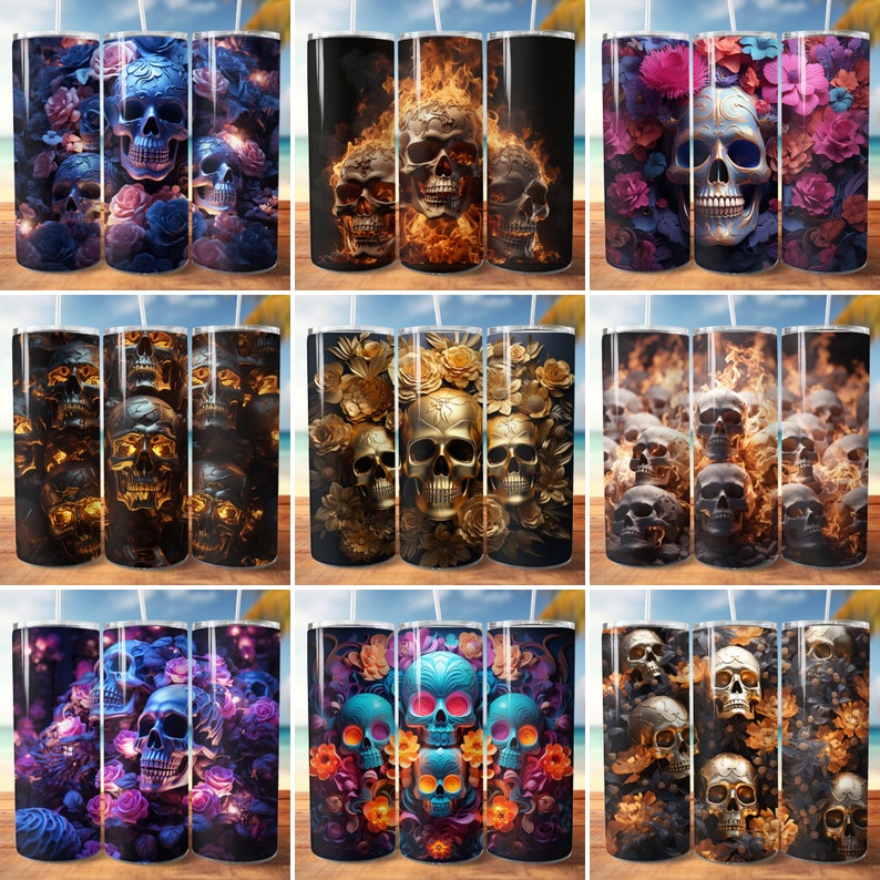 May include: Set of nine sublimation designs featuring skulls with floral and fire accents. The designs are perfect for creating custom tumblers, mugs, or other personalised items.