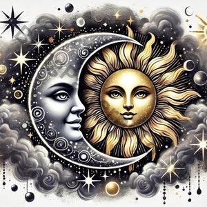 Puede incluir: Una luna creciente negra y dorada con una cara estilizada y un sol dorado con una cara estilizada. La luna y el sol est&aacute;n rodeados de nubes y estrellas.