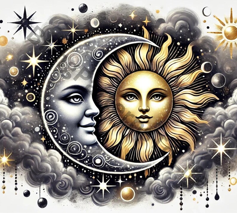 Puede incluir: Una luna creciente negra y dorada con una cara estilizada y un sol dorado con una cara estilizada. La luna y el sol est&aacute;n rodeados de nubes y estrellas.