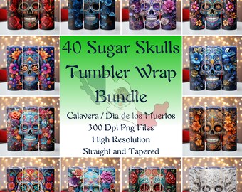 40 Sugar Skulls Tumbler Wrap Bundle, Calavera, 20oz skinny tumbler wrap, Dia de los Muertos , Tumbler wrap for sublimation, PNG File, 300Dpi