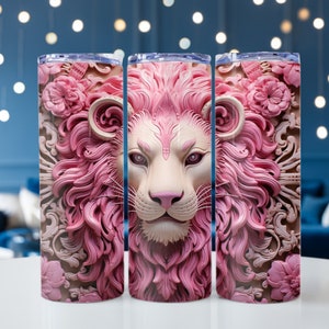 3D ピンク ライオン ヘッド、ツールド レザー ライオン ヘッド、20 オンス スキニー タンブラー ラップ、ピンクのたてがみを持つライオン、昇華用タンブラー ラップ、PNG ファイル、300 Dpi
