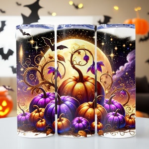 May include: Three stainless steel tumblers with a Halloween theme. The tumblers feature a full moon, stars, and a vine with purple and orange pumpkins.