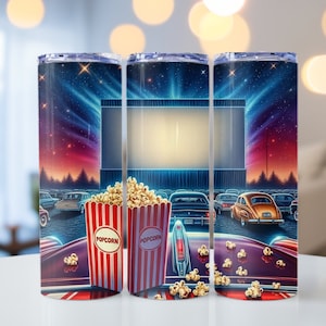 Drive In Movie Theater PNG, Movies & Popcorn, Nostalgic Drive-In Movies, 20oz skinny tumbler wrap, Tumbler wrap for sublimation, PNG File