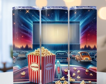 Nostalgic Drive In Movie Theater Tumbler Wrap, Movies & Popcorn png, 20oz skinny tumbler wrap, Tumbler wrap for sublimation, PNG File
