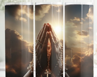 Praying Hands to the Skies with Rosary Beads, Christian, 20oz skinny tumbler wrap, Religious PNG, Tumbler wrap for sublimation, PNG File,