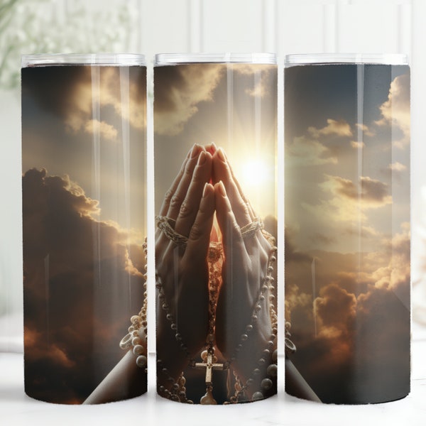 Praying Hands to the Skies with Rosary Beads, Christian, 20oz skinny tumbler wrap, Religious PNG, Tumbler wrap for sublimation, PNG File,