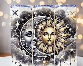 Silver & Gold Sun and Moon, Sun and Moon Tumbler Wrap, Celestial PNG, 20oz skinny tumbler wrap, Tumbler wrap for sublimation, PNG File