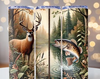 Envoltura para vaso con diseño de ciervo y pez en dos estaciones, PNG de caza y pesca, PNG al aire libre, envoltura delgada para vaso de 20 oz, sublimación de envoltura para vaso, archivo PNG.