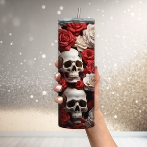 May include: A stainless steel tumbler featuring a design of two white skulls surrounded by red and white roses.